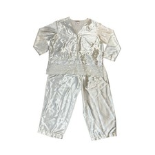 VTG Inner Most Ivory Satin Pajama Set Floral Embroidered Mesh Hem Large Bridal