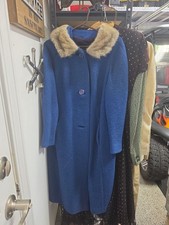 Vintage Blue Wool Coat with Faux Fur Collar