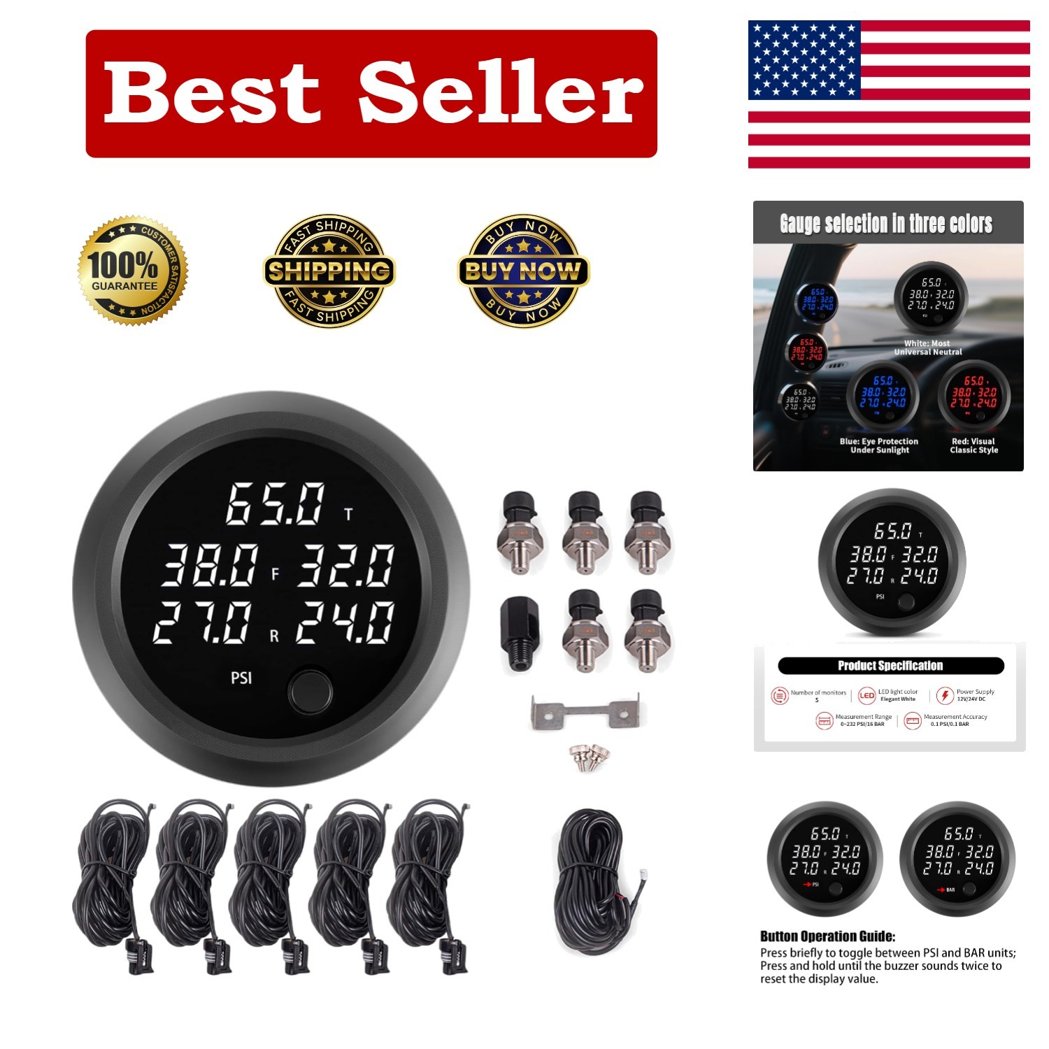 CNRAQR Five Display Air Suspension Gauge Air Ride Air Pressu