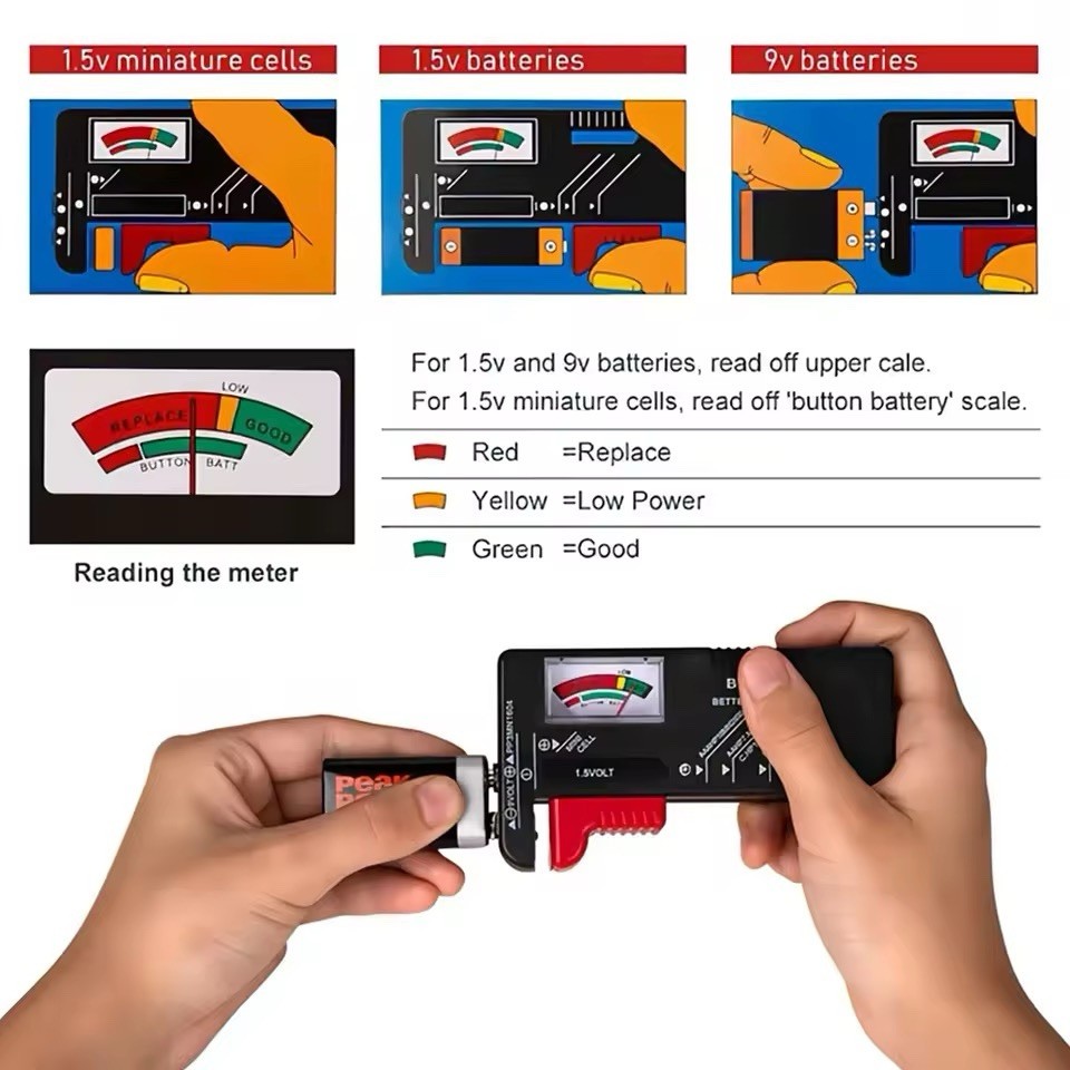 Testeur de batterie numérique pour piles bouton AA AAA C D et 9V