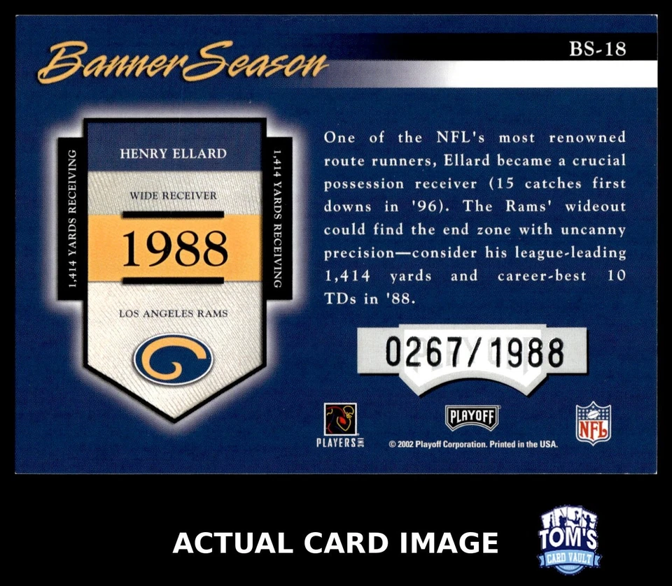 2002 Playoff Prestige Banner Season #BS-18 HENRY ELLARD Rams #/1988 NM - Image 2 of 4