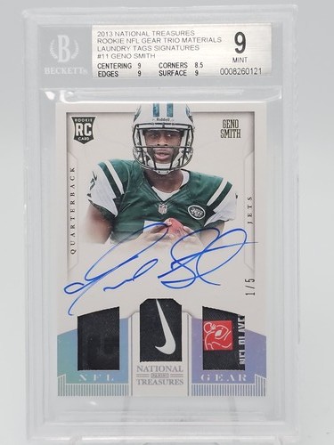 GENO SMITH 2013 NATIONAL TREASURES RPA ROOKIE AUTO LAUNDRY TAG /5 BGS 9 Q4042