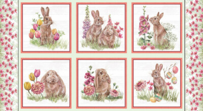 Easter Bunny Rabbit Fabric 24'' X44'' Panel Easter Wishes Cotton Blank Quilting