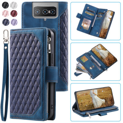For Asus Zenfone 8 Flip Rhombic Wallet Case,Luxury Leather Zipper Flip Card Case
