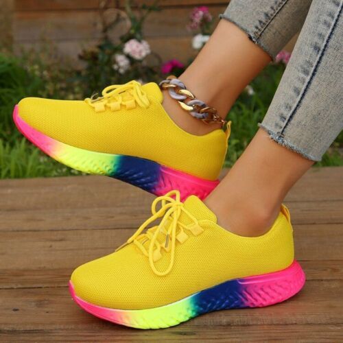 Lace-up Mesh Shoes With Rainbow Sole Design Fashion Walking Running Sports Shoes - Picture 1 of 4