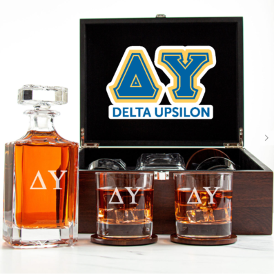 #ad Delta Upsilon Fraternity Decanter and 2 Glasses In Wood Box Set $175.99