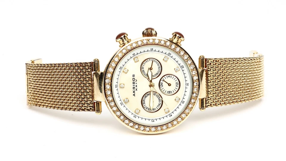 Akribos XXIV Women's Multi Function Mesh Gold Watch F1267 - Image 3 of 4