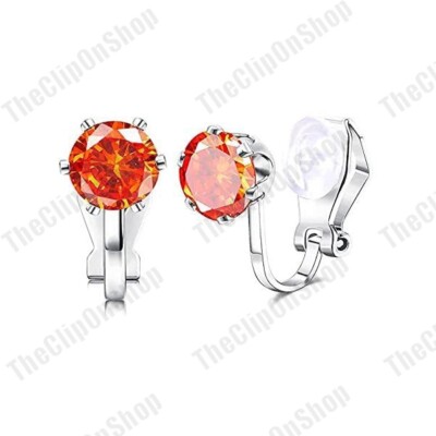 CLIP ON 6mm CZ OHRRINGE Zirkonia SILBERFARBEN rund Brillantschliff Kristall