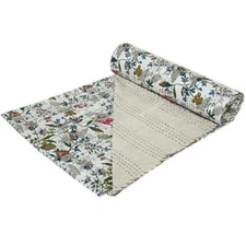 White Bed Runner Kantha Quilt Flower Pattern Ralli Gudari Queen Bedspreads Throw