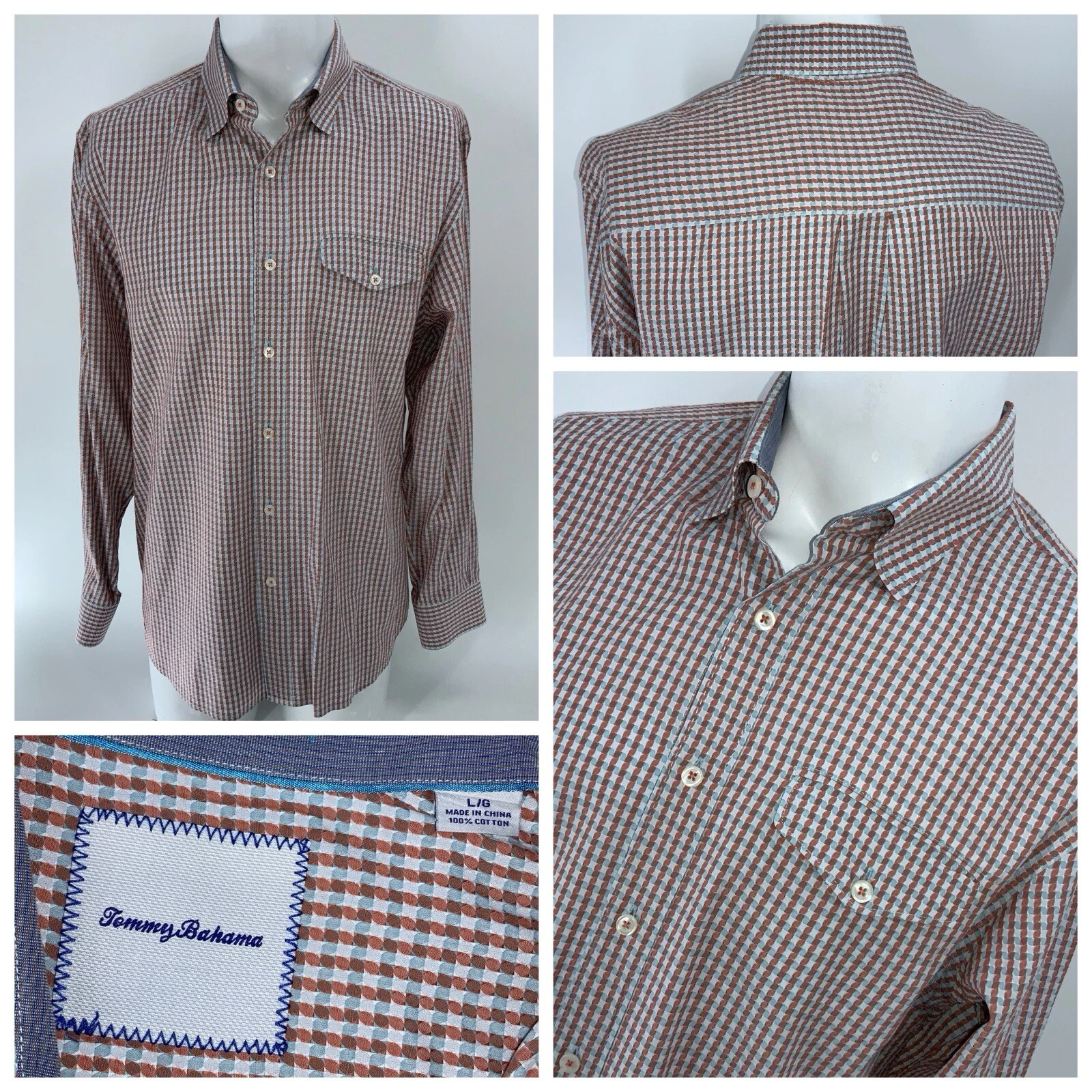 Tommy Bahama Button Up Shirt Men’s L Orange Blue Check 100% Cotton YGI W4-182