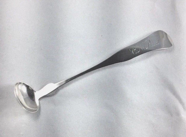 COIN SILVER AMOS SANBORN-LOWELL, MASS MUSTARD LADLE- MONOGRAMMED EN REED- 5 1/4"