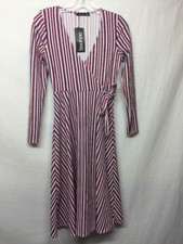 Boohoo Women's V Neck Stripe Ruffle Hem Bodycon Dress Size 4          g2