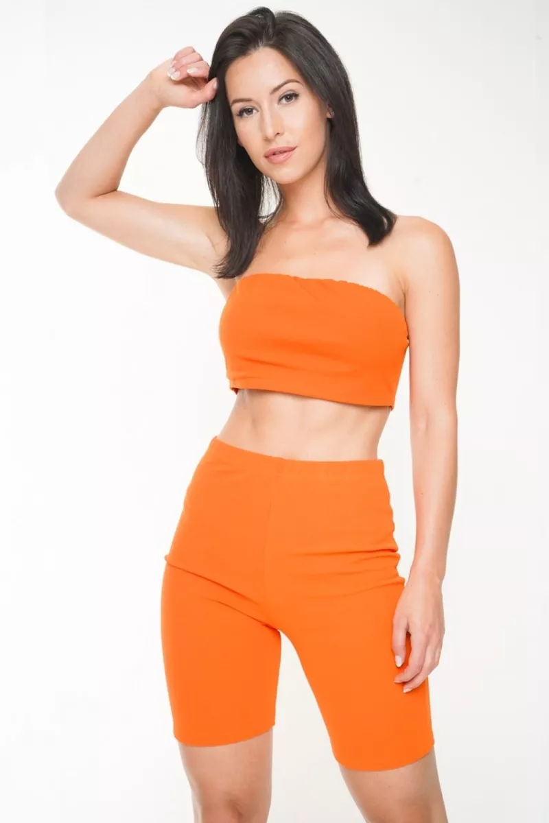 Womens Co ord Bandeau Crop Top Cycling Shorts High Waist Pants Set