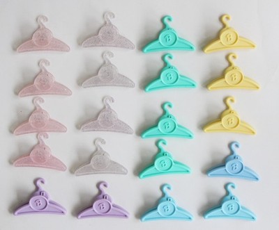 20 Barbie Doll Clip On Hangers Pink Translucent Green Yellow Purple Blue