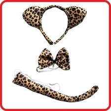 LEOPARD HEADBAND HAIRBAND WITH EARS BOW TIE TAIL- 3PC DRESS UP SET-COSTUME-PARTY
