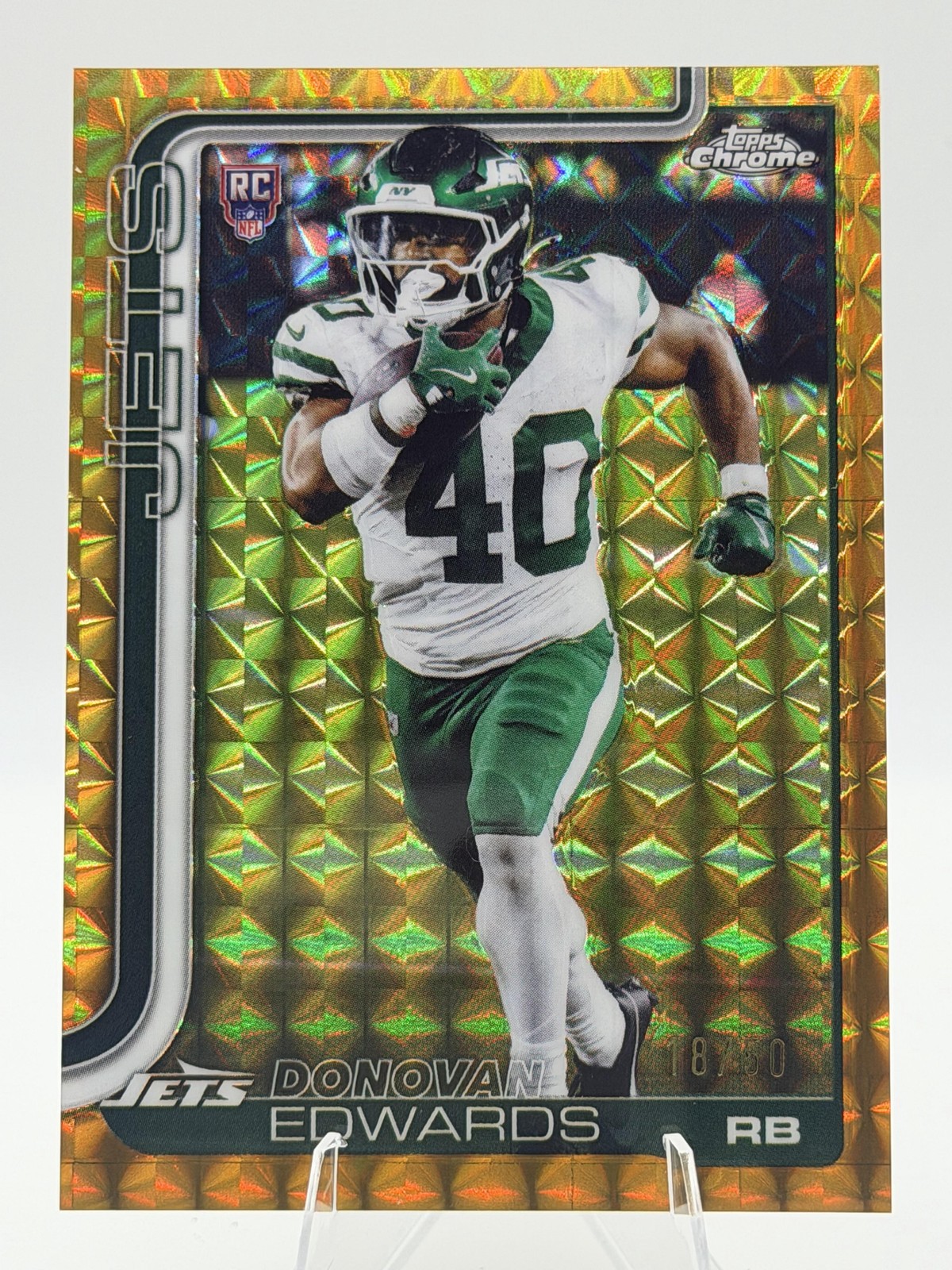 Donovan Edwards /50 ROOKIE 2025 Topps Chrome Gold Geometric Refractor #392 Jets