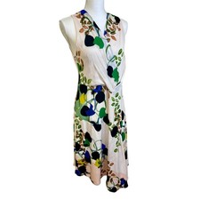 REISS Magnolia Floral V-Neck Sleeveless Midi Dress Sz 10 Art Deco Luxury Chic