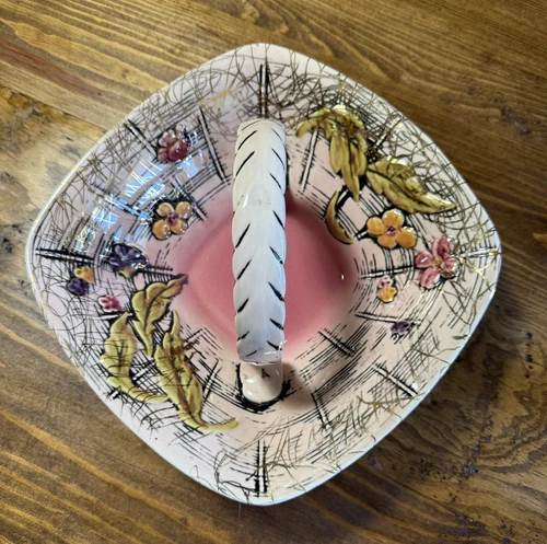 Vintage Hull Pottery T9 Blossom Flite Square Ceramic Basket – Pink Floral w/Gold