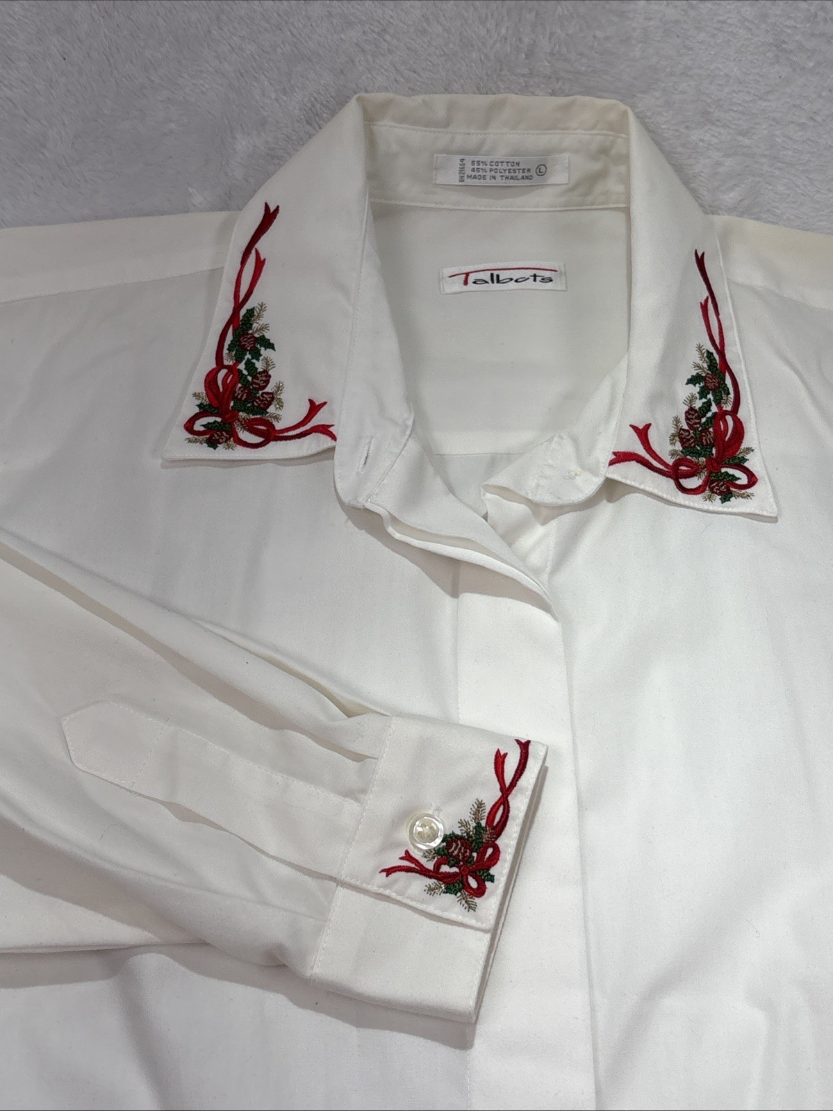 Talbots Women’s Christmas Shirt Lg Ivory White Embroidered Holiday Button Down