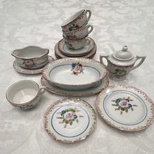 Vintage Childs  s Porcelain Toy Tea Set Pink Rose Blue Band Japan Miniature 18pc