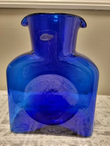 Blenko 384 Cobalt Blue Glass Double Spout Water Bottle Pitcher