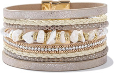 Turquoise Beaded Leather Wrap Bracelets Stackable Boho Cuff Bracelets with Magne