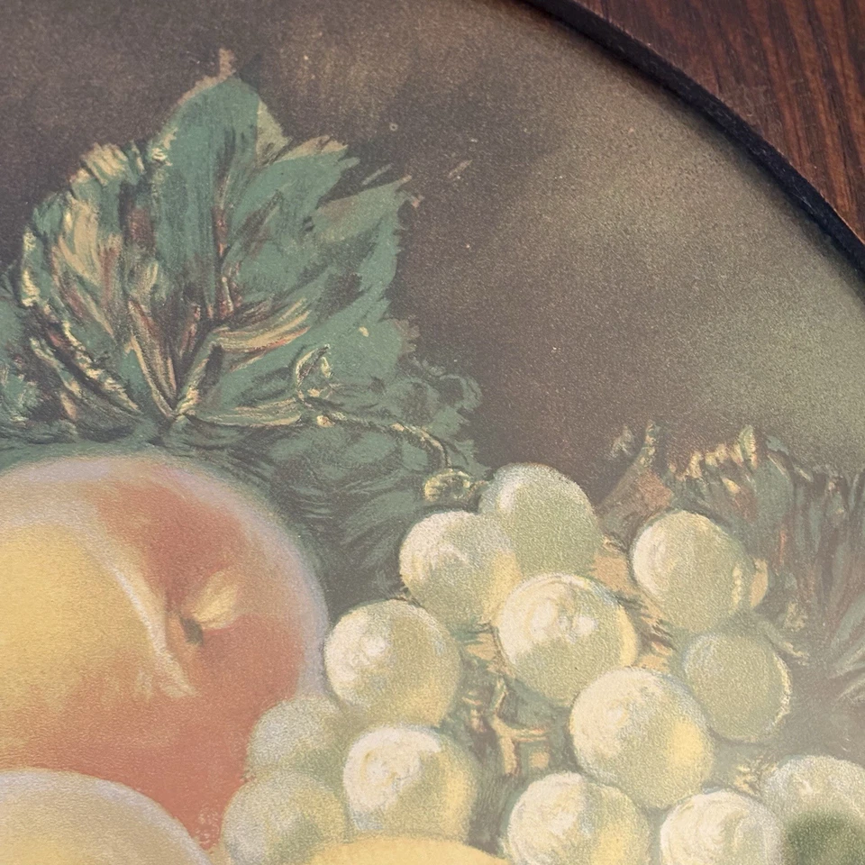 Antique 19th C. Print Still Life Fruit w Round Wood Frame Peaches And Grapes - Image 4 of 4