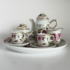 10 Pc Miniature Porcelain Tea Set Pink Rose Floral Gold Trim Tray Dollhouse
