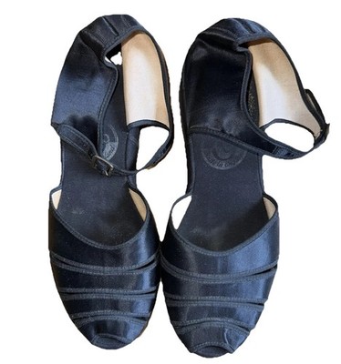 VINTAGE 30ER JAHRE SANDALEN SCHWARZ SATIN PEEPTOE KEILABSATZ GRÖSSE 5 LEDERSOHLE