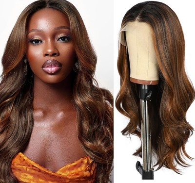 HD Lace Front Wig Human Hair Blend Highlights  Wavy Curly Dark Brown