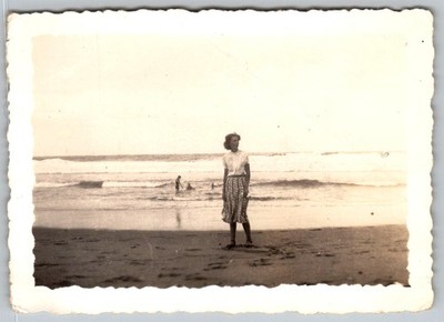 Vtg B&W Snapshot Woman In Skirt And Blouse Standing On Sandy Beachfront 1939