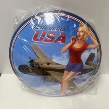 MADE IN USA~ LARGE ROUND DOME SIGN 15.75” MANCAVE ,PINUP GIRL,GARAGE~DORM-OFFICE