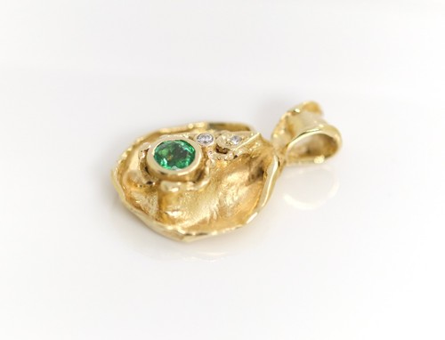 Handgefertigter Gelbgold Anhänger 14kt Brillant Tsavorit Naturalistisch L: 2,7cm - Bild 4 von 9