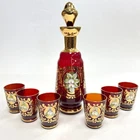 Ruby Red Gold Leaf Italian Murano Decanter set with 6 shot glasses Vintage