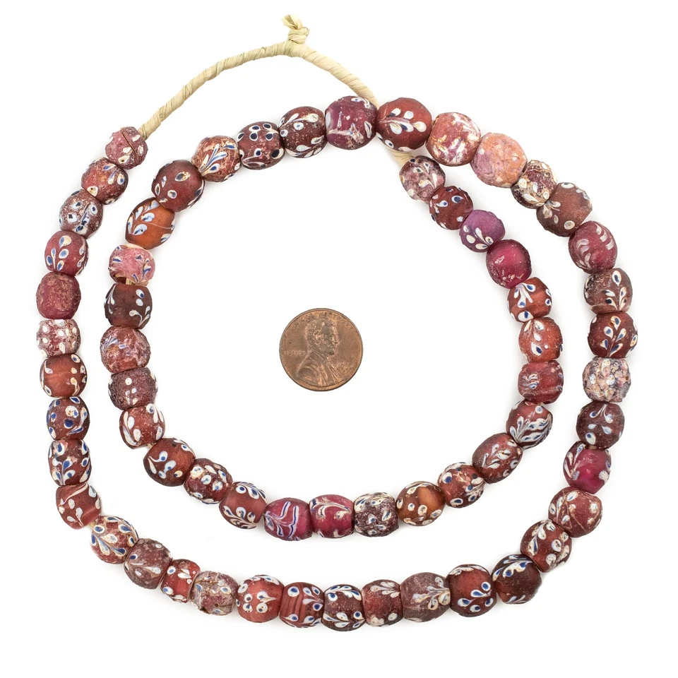 Antique Venetian Flower White Heart Beads 11mm Ethiopia African Red Round Glass - Image 2 of 4