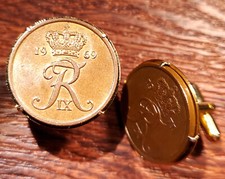 R R Crowned Initials Denmark Vintage Large Bronze Danish Coin Cufflinks + Box!