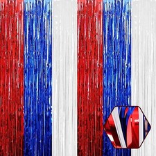 6-Pack 3.28x6.6FT White Blue Red Foil Fringe Curtain Patriotic Tinsel Decor