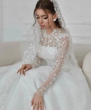 Elegant High Neck Long Sleeve Wedding Dresses Lace Beaded A Line Gown With Train