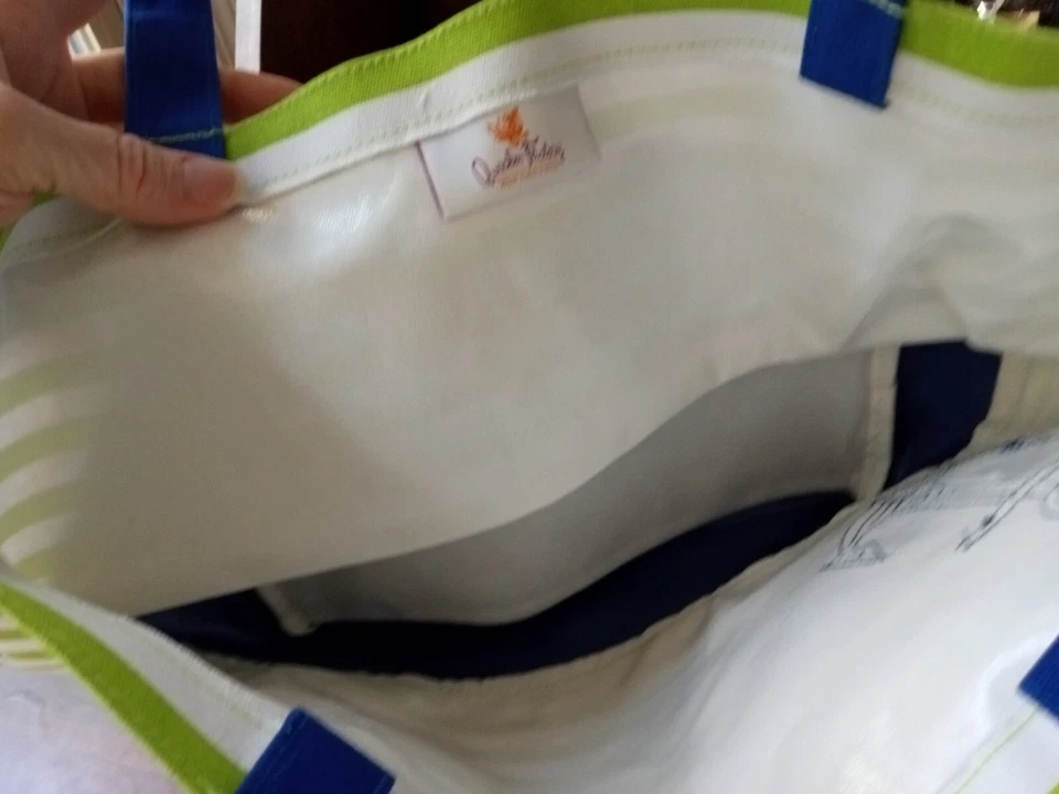 Bolso de Playa Quacker Factory Náutico Verde Blanco Azul Rayas Lentejuelas Ancla Foto 3 de 4