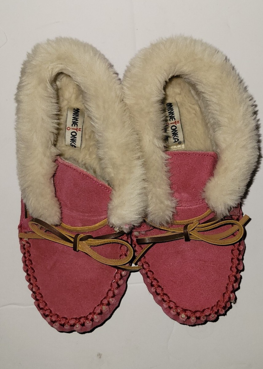 Minnetonka Pantofole Mocassino Per Bambini, Con Fodera In Pelliccia Sintetica E Suola Rigida, Pelle Scamosciata, Varie Taglie