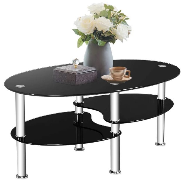 Mesa De Centro Cristal Negro Vidrio Con Patas Metal Para Sal