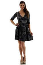 Sugar Rock Women Vintage V-neck Tie Dye A-Line Short Dress 1/2 Sleeves in Black