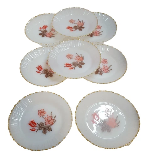 Termocrisa Glass Plates Vintage Tulip Milk Glass Mexico Set of 8 Gold Trim 7"