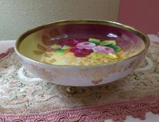 Candy Dish Hand Painted 3 Legged Pink Roses Victorian Newport Belle Germany