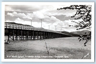 Sandpoint Idaho Postcard RPPC Photo World's Longest All Wooden Bridge Ross Hall