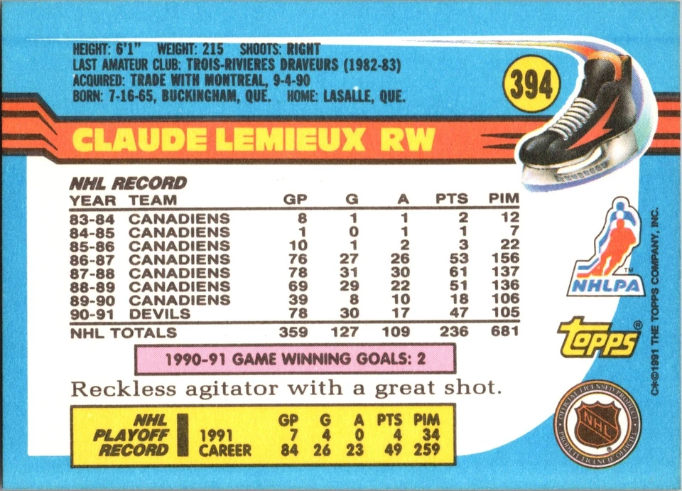 1991-92 Topps - #394 Claude Lemieux - Image 2 of 2