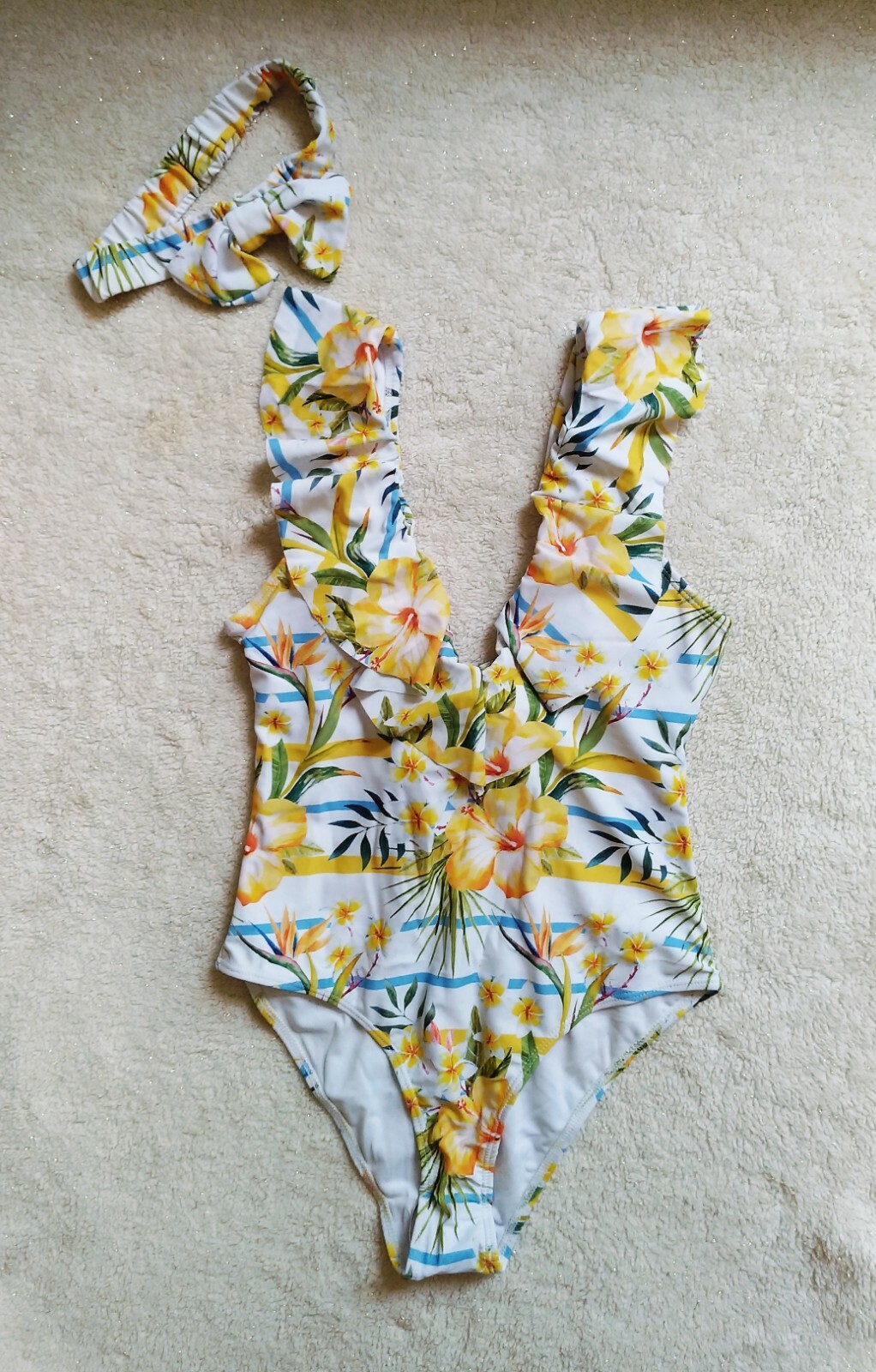 Floral Ruffle One-Piece Swimsuit in Small with Coordinating Headband-image