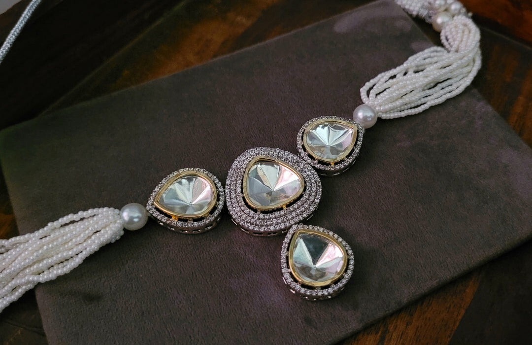 Bollywood Indian Wedding Pearl Choker Necklace Silver Plated Bridal