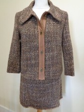 JESIRE BROWN MULTI SKIRT SUIT WITH FAUX LEATHER TRIM AND FRINGE DETAIL - SIZE 8