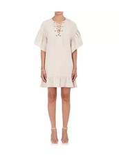 Ulla Johnson Dress Womens 4 Tan Short Sleeve Linen Tie Front Ruffle Trim Pockets